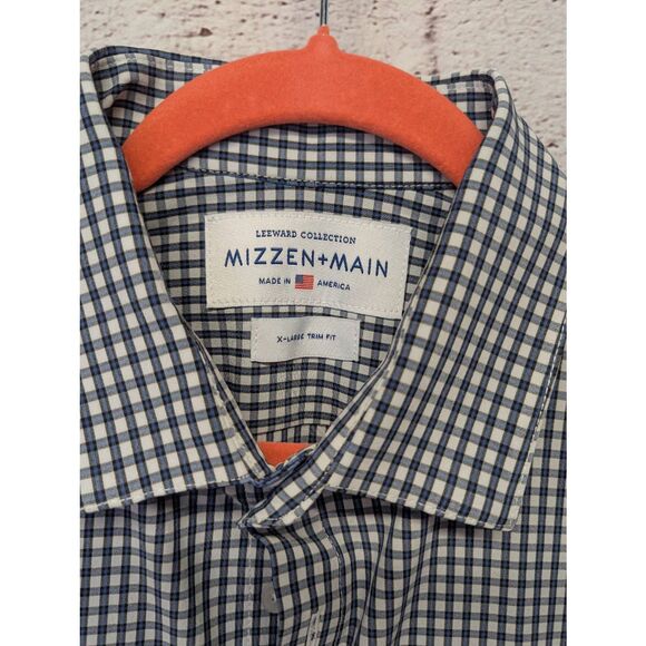 MIZZEN + MAIN Shirt Men's XL Trim Fit White Blue Long Sleeve Plaid Button Up Per - Picture 2 of 8